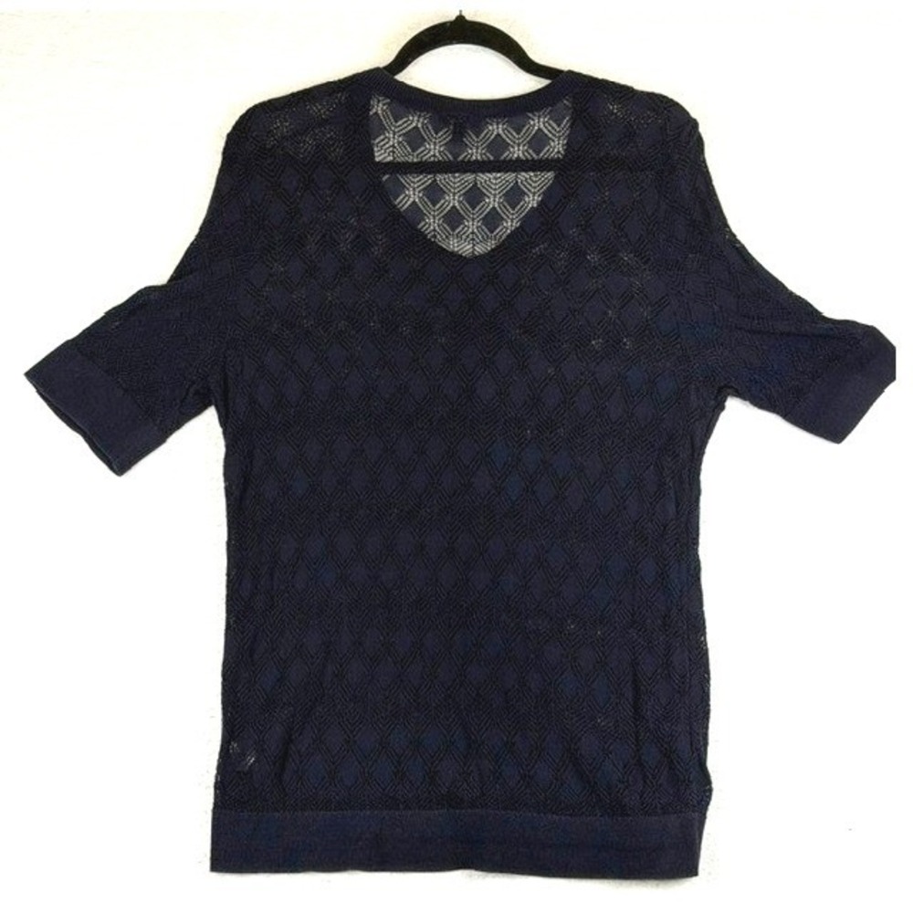 Talbots Navy Blue Pointelle Knit Short Sleeve Button Front Cardigan Sweater L - Picture 2 of 7